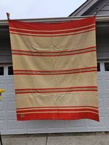 lot 24 image: Orrlaskan Orr Felt & Blanket Co. Stripped Orange Cream Green Wool Blanket