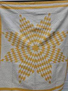 lot 33 image: Vintage Yellow Sanderson Star Hand-Stitched Quilt Blanket