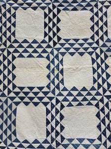lot 36 image: Vintage Blue & White Ocean Waves Pattern Hand-Stitched Quilt Blanket