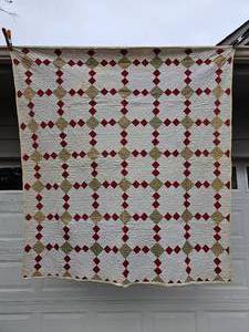 lot 40 image: Irish Chain RedWhite Hand-Stitched Quilt Blanket