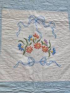 lot 58 image: Vintage Flower Basket Hand-Embroidered Quilt