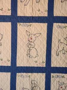 lot 76 image: Cozy 12 Panel Vintage Handmade Quilt - Woodland Critters - Blue