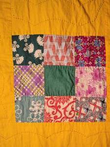 lot 80 image: Stunning Vintage Handmade Nursery Quilt - Patterned Squares over Turmeric