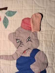 lot 88 image: Precious Vintage Handmade Nursery Quilt - Mr. & Mrs. Elephant