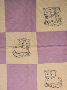 lot 95 image: Delightful Vintage Handmade Nursery Quilt - Cozy Kitten Checkerboard