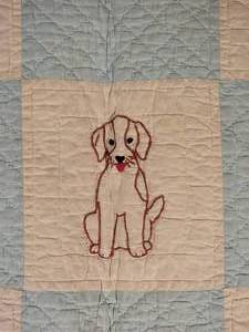 lot 108 image: Cozy Vintage Handmade Nursery Quilt - Furry Friends Blue Checkerboard