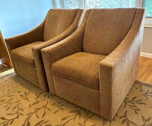 Two Neutral Toned Swivel Chairs by A. Rudin