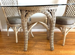 Vintage Round Rattan and Glass Top Table and Chairs Set