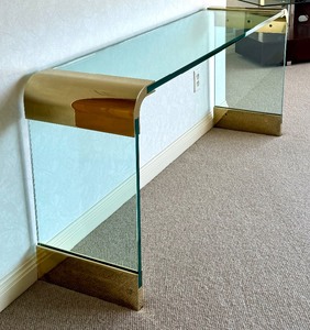 Vintage Contemporary Style Glass Sofa Table with Brass Detailing
