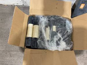 lot 215 image: Heybly Smoky Gray Carpeted Cat Tree with Toys and Scratching Poles