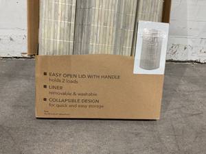 lot 216 image: Home Basics Foldable Round Grey Bamboo Laundry Basket Hamper