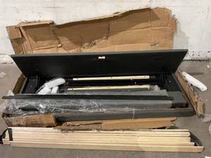 lot 309 image: Grey Linen Upholstered Queen Size Platform Bed Frame with Rustic Brown Storage Headboard