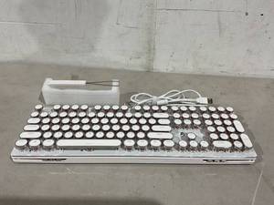 lot 168 image: RK ROYAL KLUDGE Typewriter Mechanical Gaming Keyboard with Rainbow RGB Backlight & Sidelight, Retro Punk Round Keycaps, and Removable Wrist Rest
