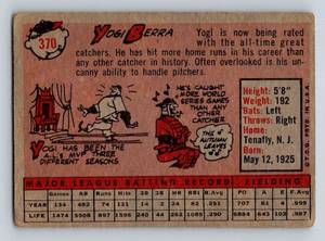 lot 16 image: 1958 Yogi Berra Topps #370 Vintage Baseball Card