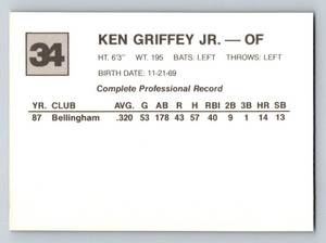 lot 34 image: Ken Griffey Jr. RC 1988 San Bernardino Spirit Cal League Cards #34 Rookie Baseball Card