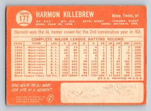 lot 37 image: 1964 Topps Harmon Killebrew #177 Vintage Minnesota Twins Baseball Card