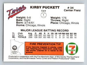 lot 47 image: Kirby Puckett RC 1985 7-Eleven Rookie Card Minnesota Twins Vintage