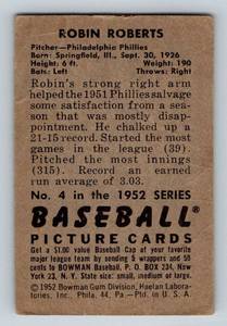 lot 64 image: 1952 Bowman Robin Roberts #4 Vintage Baseball Card