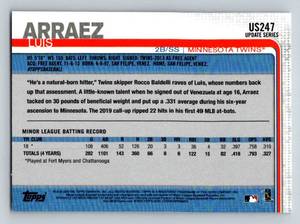 lot 78 image: Luis Arraez RC 2019 Topps Update #US247 Rookie Minnesota Twins Baseball Card