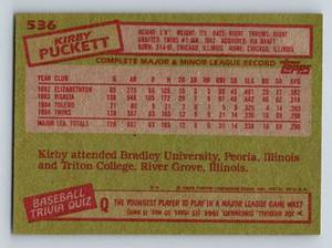 lot 86 image: Kirby Puckett RC 1985 Topps #536 Vintage Rookie Minnesota Twins Baseball Card