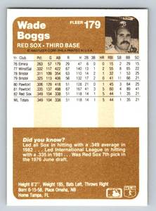 lot 110 image: Wade Boggs RC 1983 Fleer #179 Vintage Baseball Rookie Card