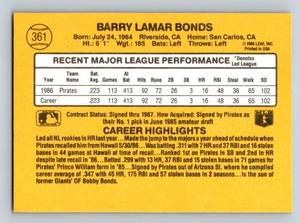 lot 115 image: Barry Bonds RC 1987 Donruss # 361 Rookie Baseball Card