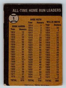 lot 118 image: 1973 Topps All-Time Home Run Leaders - babe Ruth, Hank Aaron, Willie Mays #1 Vintage Baseball Card
