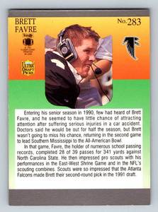 lot 160 image: Brett Favre RC 1991 Fleer Ultra Draft Picks # 283 Rookie Football Card