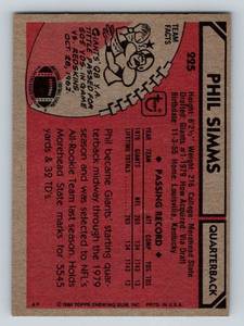 lot 199 image: Phil Simms RC 1980 Topps #225 Rookie Vintage Football Card