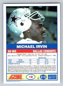 lot 206 image: Michael Irvin RC 1989 Score #18 Rookie Football Card