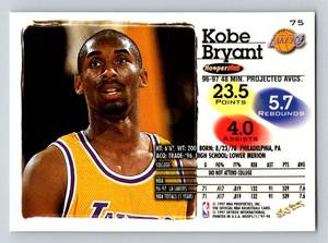lot 237 image: Kobe Bryant 2nd Year 1997 Skybox NBA Hoops #75 Basketball Card