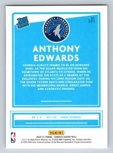 lot 243 image: Anthony Edwards RC 2020-21 Donruss Rated Rookie #210 Minnesota Timberwolves Basketball Card