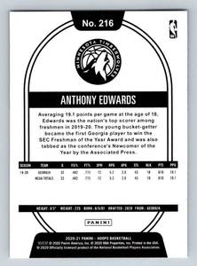 lot 245 image: Anthony Edwards RC 2020-21 Hoops #216 Rookie Minnesota Timberwolves Basketball Card