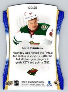 lot 265 image: Kirill Kaprizov RC 2021-22 SP Authentic #DC-25 Minnesota Wild Hockey Card