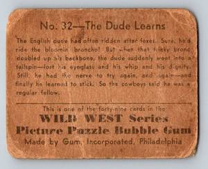 lot 269 image: 1933 Wild West Series R172 Puzzle Back The Dude Learns #32 Card