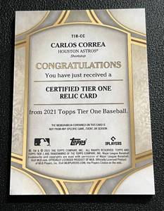 lot 56 image: Carlos Correa Game-used Jersey patch 299, 2021 Topps Tier One #T1R-CC numbered 180299 Rare Minnesota Twins Baseball card