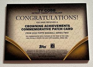 lot 62 image: Ty Cobb Commemorative Triple Crown Patch Card 2023 Topps #CA-TC Baseball Card