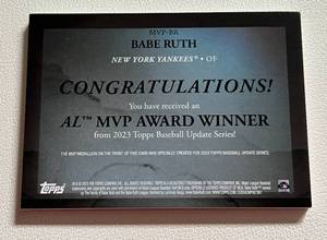 lot 66 image: Babe Ruth Commemorative Medallion 1923 AL MVP 2023 Topps Update #MVP-BR Baseball Card