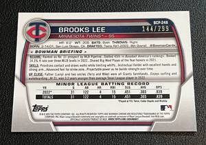 lot 82 image: Brooke Lee Pulsar Refractor 299 2023 Bowman Chrome #BCP-288, numbered 144299 Rare Minnesota Twins Baseball Card