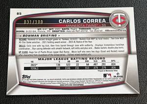 lot 85 image: Carlos Correa Wave Refractor 100 - 2023 Bowman Chrome #85, numbered 031100 Rare Minnesota Twins Baseball Card