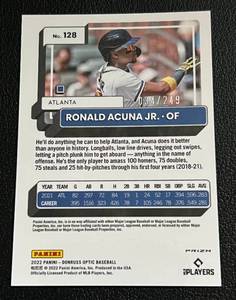 lot 91 image: Ronald Acuna Jr Pink Laze Prizm 249 - 2022 Donruss Optic #128, numbered 342249 rare baseball card