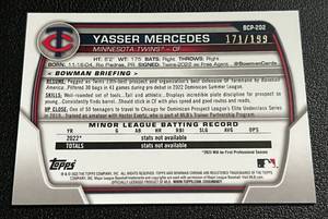 lot 94 image: Yasser Mercedes Pink Wave 199, 2023 Bowman Chrome #BCP-202 numbered 171199 rare Minnesota Twins Baseball Card