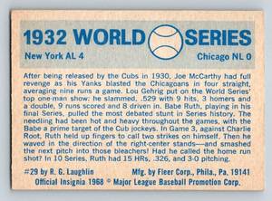 lot 24A image: 1970 Fleer World Series Baseball #29 1932 World Series Yankees vs. Cubs Vintage Baseball Card