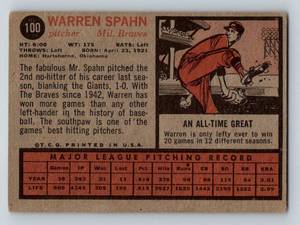 lot 29A image: 1962 Topps Warren Spahn #100 Vintage Baseball Card