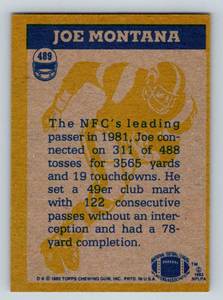 lot 156A image: Joe Montana 2nd Year 1982 Topps In Action #489 Vintage Football Card