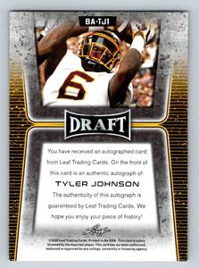 lot 205 image: Tyler Johnson Auto RC - 2020 Leaf #BA-TJ1 Signed University of Minnesota Football Card