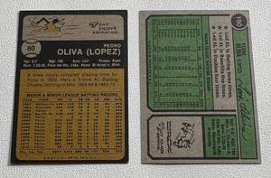 lot 107 image: Tony Oliva 1973 #80 and 1974 #190 Topps Vintage Minnesota Twins Baseball Cards