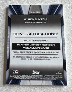 lot 150 image: Byron Buxton Minnesota Twins Commemorative Jersey Number Medallion 2022 Topps #JNM-BBU Baseball Card