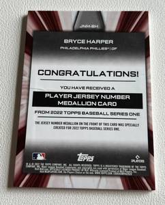 lot 151 image: Bryce Harper Philadelphia Phillies Commemorative Jersey Number Medallion 2022 Topps #JNM-BH Baseball Card