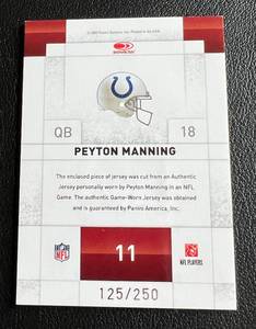 lot 169 image: Peyton Manning 250 Game-worn Jersey, 2009 Donruss Century Collection Materials Threads #11 numbered 125250, rare football card